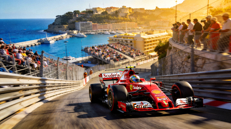F1赛车锦标赛摩纳哥站比赛画面 - 赛车飞驰而过