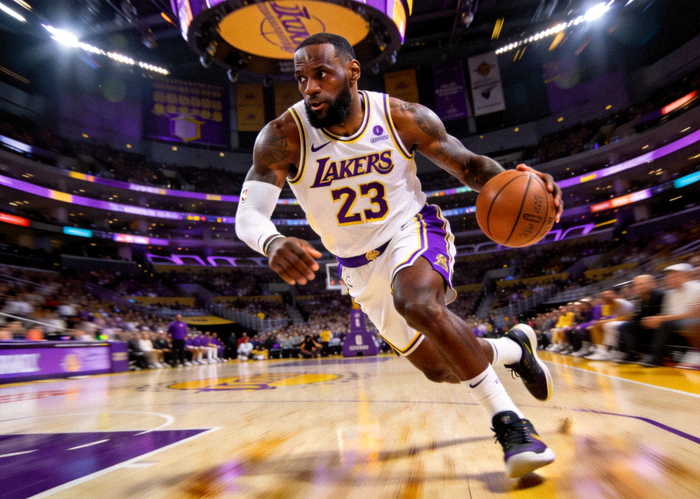 篮球巨星勒布朗·詹姆斯在NBA比赛中持球突破